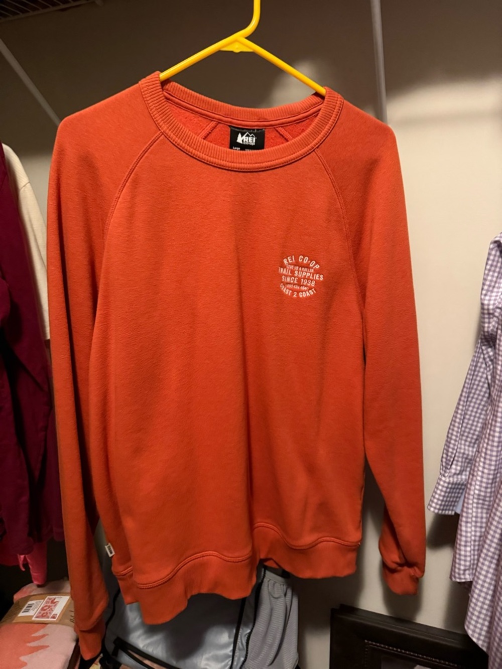 REI Orange Crewneck Pullover with Subtle Chest Logo
